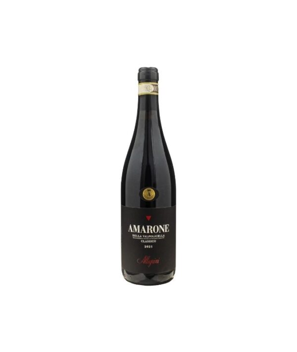 Bottiglia di vino rosso Amarone della Valpolicella Classico DOCG Allegrini 2021 su sfondo chiaro.