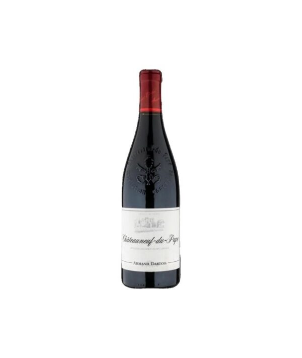 Bottiglia di vino rosso francese Châteauneuf du Pape AOC Armand Dartois 2023 su sfondo scuro elegante.