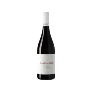 Bottiglia di Refosco dal Peduncolo Rosso Bastianich su sfondo scuro.