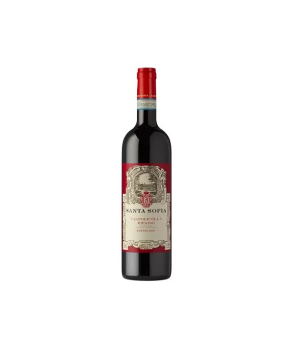 Bottiglia di Valpolicella Ripasso Superiore Santa Sofia DOC su sfondo neutro - Enoteca Online MyFiesta