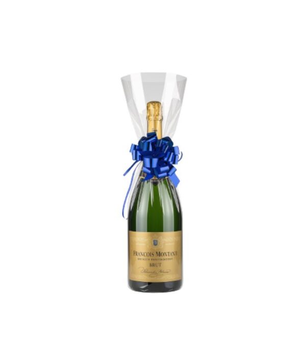 Bottiglia Magnum François Montand Blanc de Blancs Brut confezionata in plastica trasparente con fiocco blu