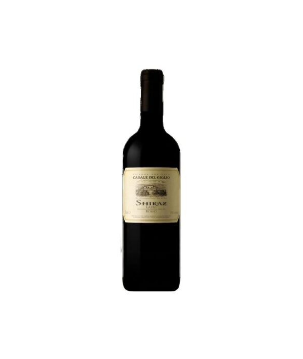 Bottiglia di vino Shiraz 2023 Casale del Giglio su sfondo neutro