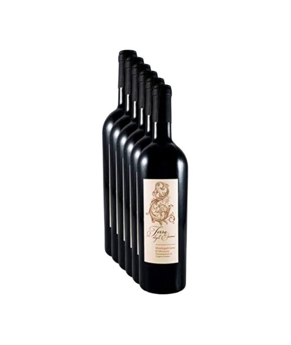 Confezione da 6 bottiglie di vino rosso Montepulciano d'Abruzzo DOC 2023 Terre Degli Eremi stile luxury minimal.