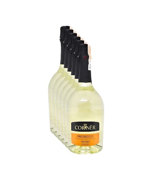 Cassa da 6 bottiglie di spumante Prosecco Treviso DOC Extra Dry Corner su sfondo chiaro.