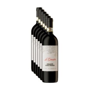 Confezione da 6 bottiglie di vino rosso toscano Chianti Colli Senesi DOCG 2024 Le Ginestre su sfondo bianco e-commerce.