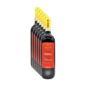 Confezione da 6 bottiglie di vino rosso toscano Chianti DOCG 2024 Predella esposte su sfondo bianco e-commerce.