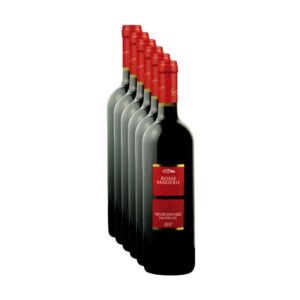 Confezione da 6 bottiglie di vino rosso pugliese Negroamaro Salento IGT 2024 Rosse Masserie su sfondo bianco.