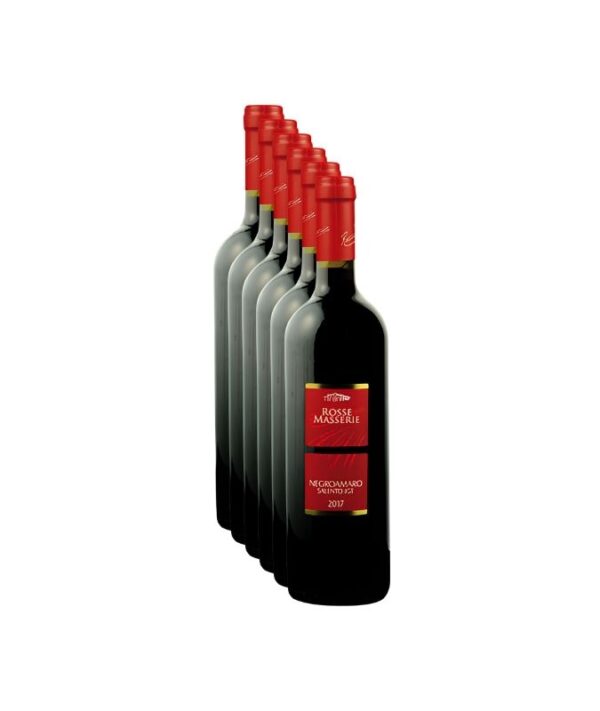 Confezione da 6 bottiglie di vino rosso pugliese Negroamaro Salento IGT 2024 Rosse Masserie su sfondo bianco.