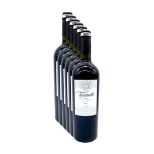 Confezione promozionale da 6 bottiglie di vino rosso Primitivo Salento IGP Tessuto 2024 su sfondo chiaro.