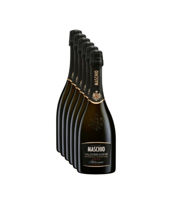 Cassa da 6 bottiglie di spumante Prosecco Superiore Valdobbiadene DOCG Millesimato Extra Dry Cantine Maschio su sfondo chiaro.