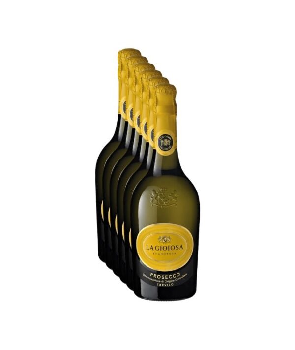 Cassa da 6 bottiglie di spumante Prosecco Treviso DOC La Gioiosa su sfondo chiaro.