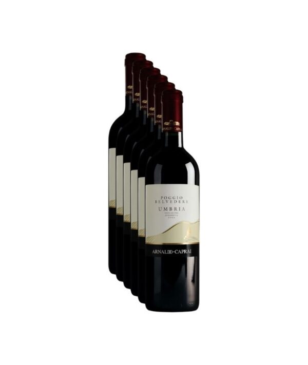 Confezione promozionale da 6 bottiglie di vino rosso Poggio Belvedere Umbria IGT Arnaldo Caprai 2020 su sfondo chiaro.