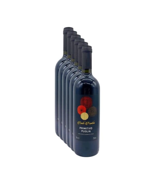 Confezione promozionale da 6 bottiglie di vino rosso Primitivo di Puglia IGT Fonte Frontini 2022 su sfondo chiaro.