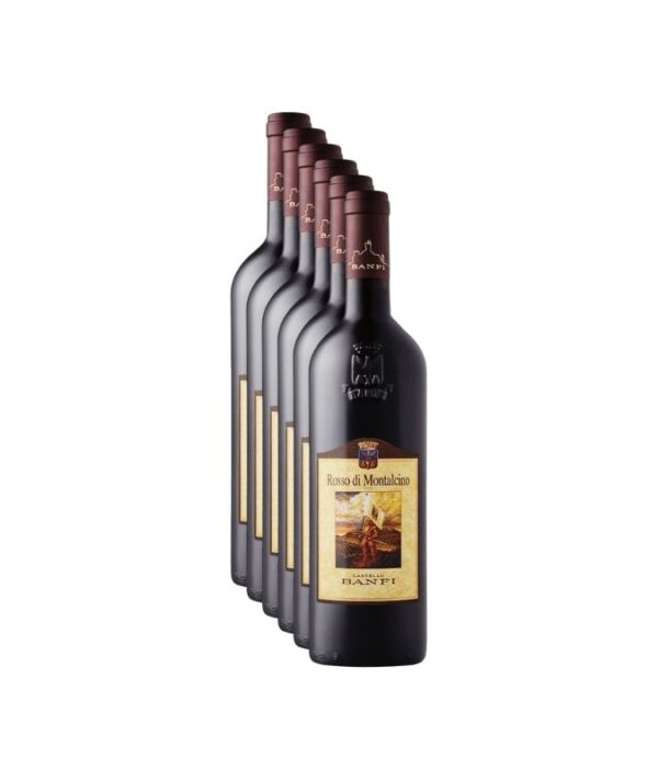Confezione promozionale da 6 bottiglie di vino rosso Rosso di Montalcino DOC Banfi 2024 su sfondo chiaro.