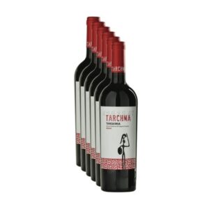 Confezione promozionale da 6 bottiglie di vino rosso Tarchna Tarquinia Rosso DOP Tomassucci 2024 su sfondo chiaro.