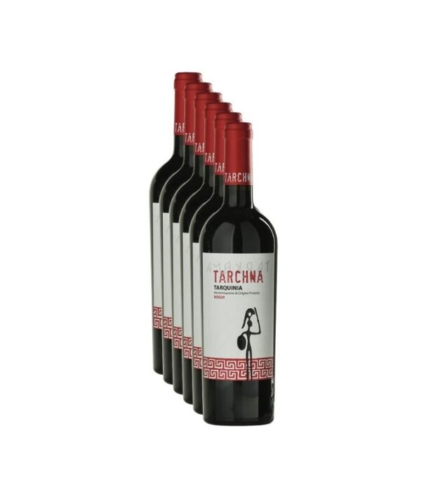 Confezione promozionale da 6 bottiglie di vino rosso Tarchna Tarquinia Rosso DOP Tomassucci 2024 su sfondo chiaro.