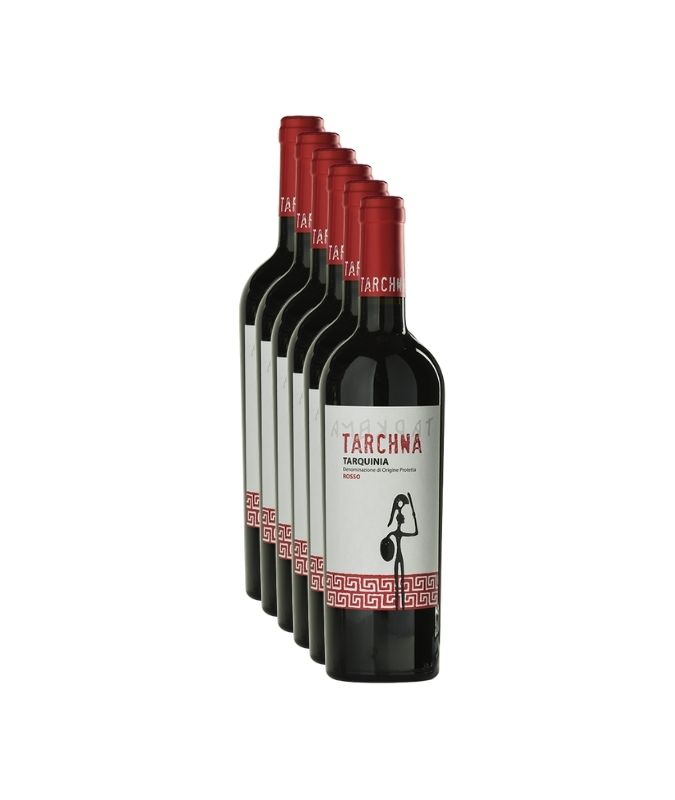 Confezione promozionale da 6 bottiglie di vino rosso Tarchna Tarquinia Rosso DOP Tomassucci 2024 su sfondo chiaro.