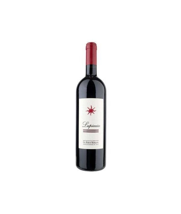 Bottiglia di vino rosso Lupicaia 2019 Toscana IGT Castello del Terriccio su sfondo chiaro.