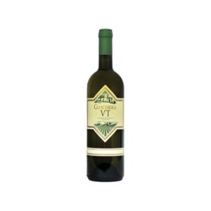 Bottiglia di vino bianco VT Capichera 2023 su sfondo chiaro.